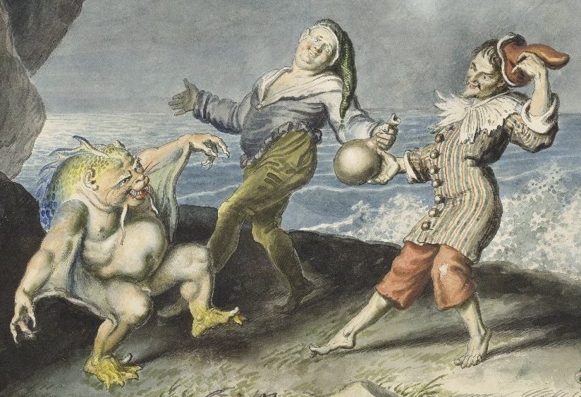 Stephano, Trinculo and Caliban dancing
